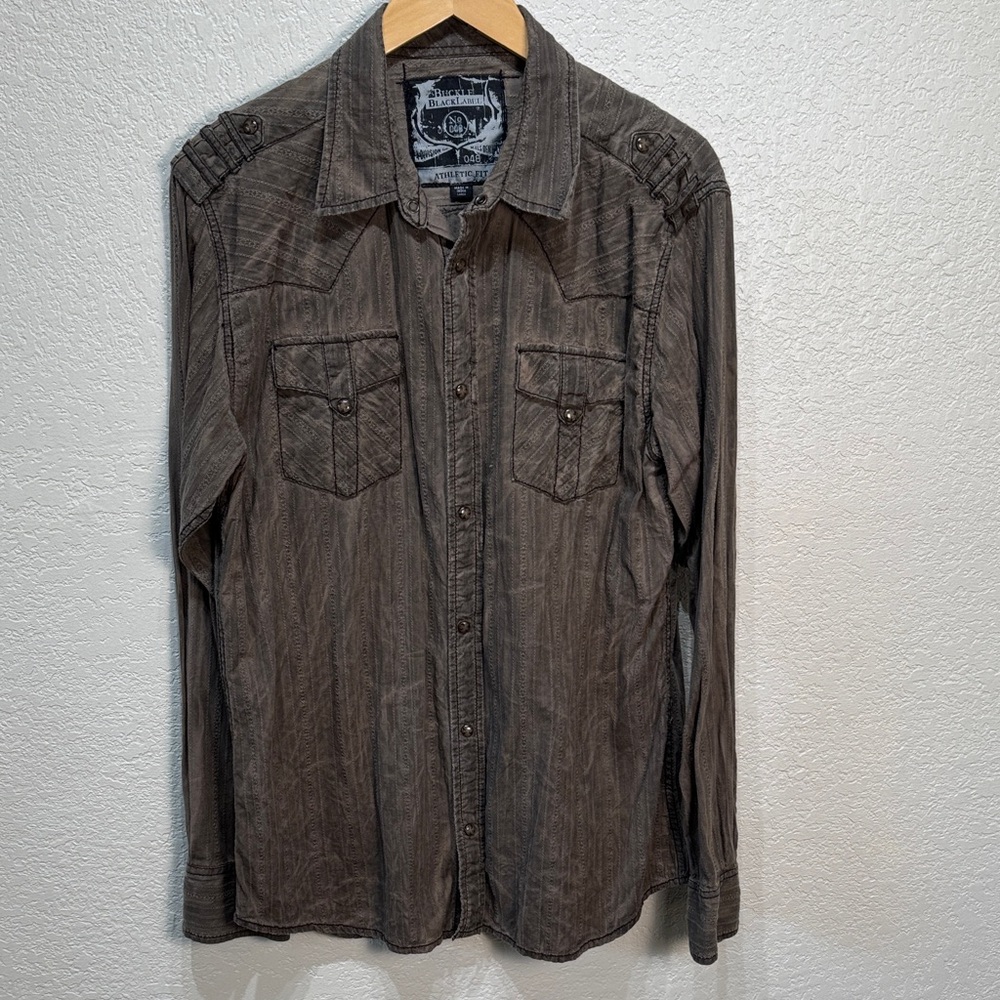 Buckle Black Label Men's Grey Large‎ Athletic Fit Tiger Eye Pearl Snap Shirt